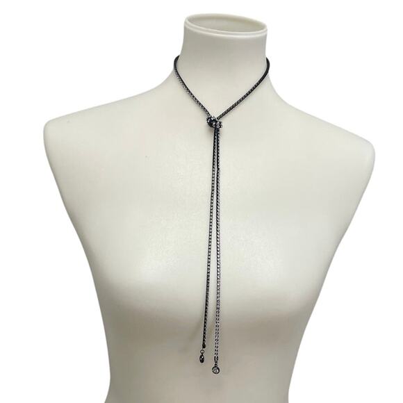 New in Red Gift Box Black Silver Rhinestone Long Knotted Lariat Necklace Jewelry - Picture 1 of 5